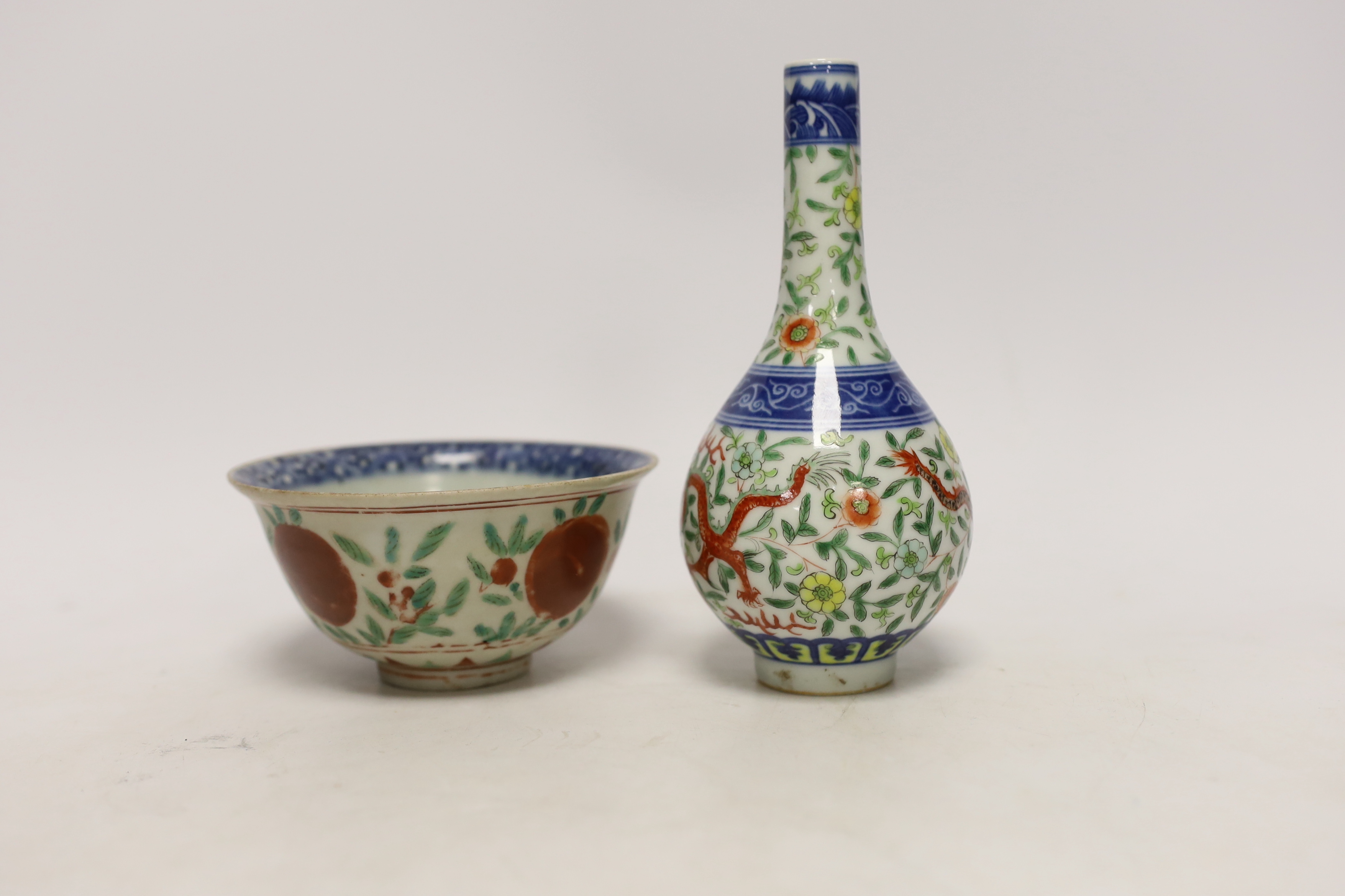 A Chinese bowl, possibly Ming, and Chinese bottle vase, 16.5cm high